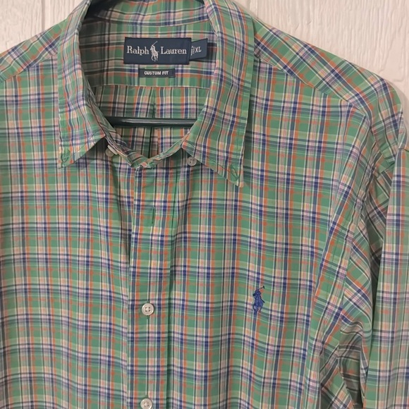 Ralph Lauren Custom Fit Plaid Shirt XL – Green & Navy with Orange - Picture 4 of 6